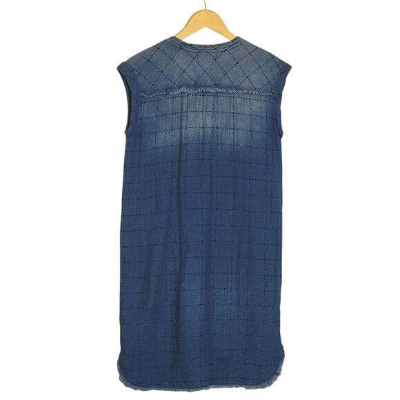 Cloth & Stone Quilted Chambray Blue Midi Dress Boho Chic Raw Hem Relaxed Fit XS - Picture 10 of 16